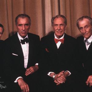 Still of Christopher Lee John Carradine Peter Cushing and Vincent Price in House of the Long Shadows 1983