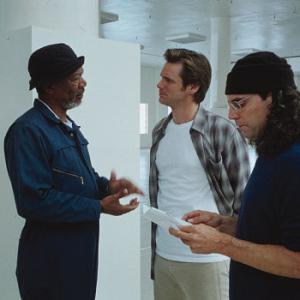 Jim Carrey Morgan Freeman and Tom Shadyac in Bruce Almighty 2003