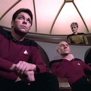 Still of Denise Crosby Jonathan Frakes and Patrick Stewart in Star Trek The Next Generation 1987