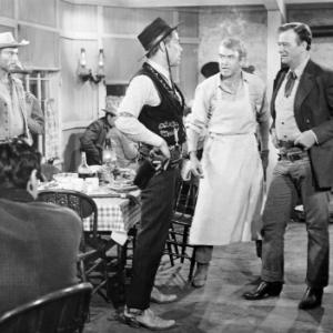 Still of James Stewart, John Wayne, Lee Marvin and Lee Van Cleef in The Man Who Shot Liberty Valance (1962)