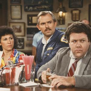 Still of John Ratzenberger George Wendt and Rhea Perlman in Cheers 1982