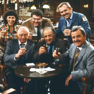 Still of John Ratzenberger George Wendt and Rhea Perlman in Cheers 1982