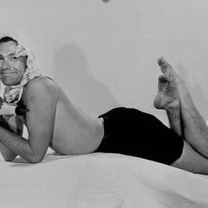Johnny Carson in a baby bonnet, 1953.