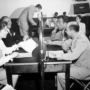 Humphrey Bogart, Greer Garson, Jack Warner, and Bogart's third wife, Mayo Methot, at NBC Radio, circa 1940.