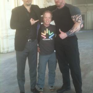 Adrian G Griffiths with director Brett Sullivan and Rob Archer on the set of Flashpoint 2012