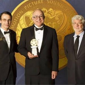 MPSE President Frank Morrone, Career Achievement recipient Randy Thom & George Lucas at 2014 Golden Reels Awards