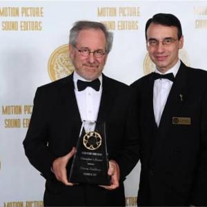 MPSE VP Frank Morrone with Steven Spielberg at the 2010 MPSE Golden Reel Awards