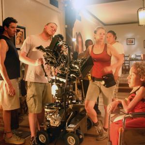 Directors Jackie Julio and Doug Olear set up a shot with camera operator Kit Pennebaker and crew on the set of the award winning short film Hold On