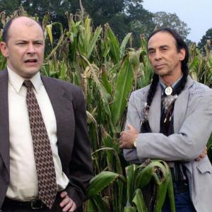 Rob Corddry (left) as Mayor Fishback and David Jensen as Chief Samuel Many Bulls in 