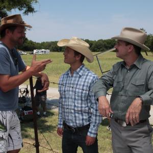 Director Will Wallace with actors Glen Powell and Bill Paxton in Red Wing