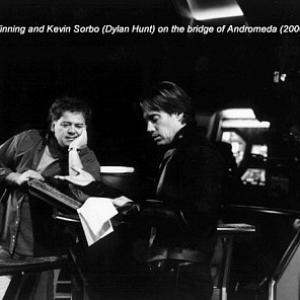David Winning and Kevin Sorbo on the bridge set of Andromeda (2000)