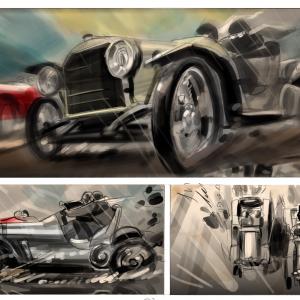 Tom Delmar storyboard for Mercedes 3D car chase