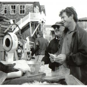 Beau Holden (far left) as AL in between takes with director Norman Jewison and Dennis Quaid in HBO's 