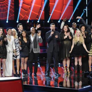 Still of Christina Aguilera Carson Daly Jesse Campbell La Rosa Blake Shelton Moses Stone and Lindsey Pavao in The Voice 2011