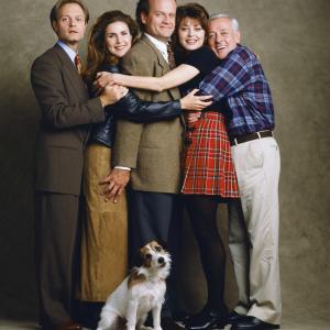 Still of Kelsey Grammer David Hyde Pierce John Mahoney Peri Gilpin Jane Leeves and Moose in Frasier 1993