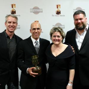 Winsor McCay Award winner Jeffrey Katzenberg with presenters Chris Sanders Bonnie Arnold and Dean DeBlois