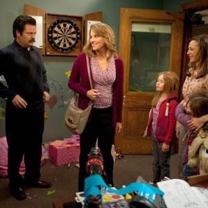 Still of Lucy Lawless Rashida Jones and Nick Offerman in Parks and Recreation 2009