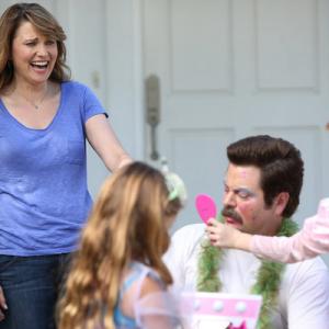 Still of Lucy Lawless and Nick Offerman in Parks and Recreation 2009