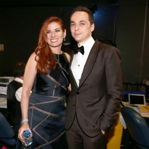 Debra Messing and Jim Parsons at event of The 66th Primetime Emmy Awards 2014