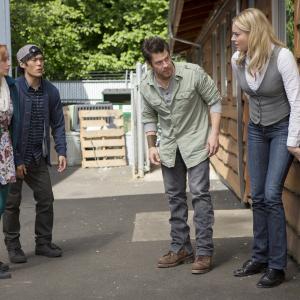 Still of Rebecca Romijn Lindy Booth Christian Kane and John Kim in The Librarians 2014