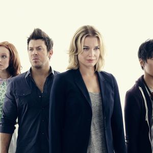 Still of Rebecca Romijn Lindy Booth Christian Kane and John Kim in The Librarians 2014