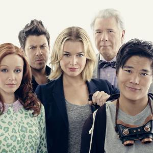Still of Rebecca Romijn Lindy Booth Christian Kane John Larroquette and John Kim in The Librarians 2014