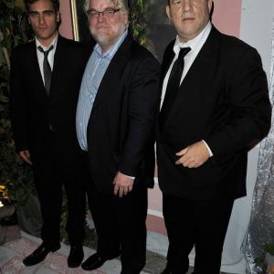 Philip Seymour Hoffman, Joaquin Phoenix and Harvey Weinstein at event of The Master (2012)