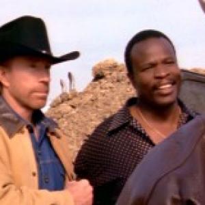 Grand L Bush and Chuck Norris in a scene from WALKER TEXAS RANGER