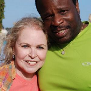 Michelle Phillips and Grand L. Bush bond while shooting a video on May 14, 2011, in Malibu, CA, to support President Barack Obama.