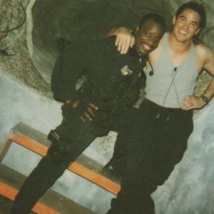 Grand L Bush and Dean Cain pose for the continuity department in front of an ice tunnel on the set of NEW ALCATRAZ This image was given to Grands wife as a souvenir