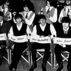The Beatles, (George Harrison, Ringo Starr, Paul McCartney, John Lennon) on set of 