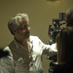 Paul Lazarus working with Morgan Freeman on video for FIRST robotics