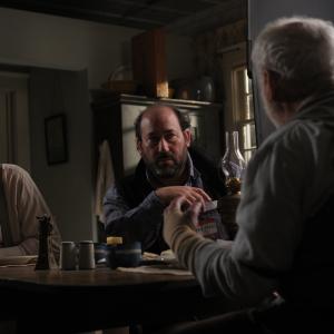 Daniel Adams with Tom Wisdom and Richard Dreyfuss on the set of The Lightkeepers