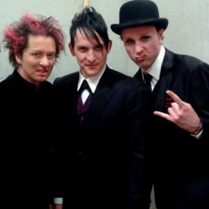 Actors Johnny Alonso (Kazz the bass player), Robin Lord Taylor (The Penguin)and Soda (singer in Paradox)on the set of Gotham. www.johnnyalonso.com