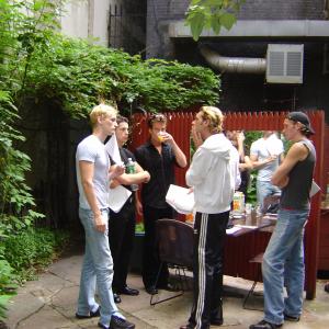 Director Casper Andreas with cast on the set of Slutty Summer 2004