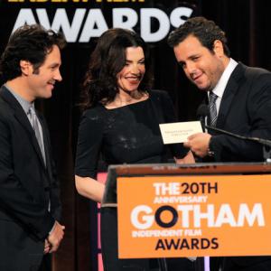 Actors Paul Rudd and Julianna Margulies present an award to director Kevin Asch onstage at IFP's 20th Annual Gotham Independent Film Awards at Cipriani, Wall Street on November 29, 2010 in New York City.