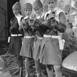A group of actresses playing 'Drahvins' in 'Galaxy 4', a four-part serial of the popular British television sci-fi series 'Doctor Who', 24th June 1965. The Drahvins are a humanoid alien race dominated by the females of the species. Stephanie Bidmead (1929 - 1974, left) plays the Drahvin leader Maaga, alongside Marina Martin, Susanna Caroll and Lyn Ashley.