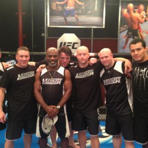 Scott Mcquary, Jamie Ridgeway, Clayton Hires, Chael Sonnen, Chris Ashworth, Jamie Huey and Vinny Magalhaes on the set of THE ULTIMATE FIGHTER season 17. Chris Ashworth and Jamie Ridgeway made an appearance towards the end of the season.