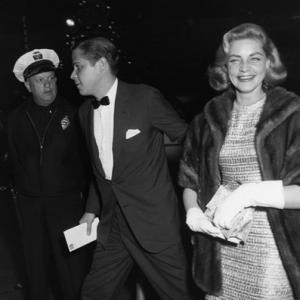Lauren Bacall and George Axelrod at premiere of A Farewell to Arms at Graumans Chinese Theatre