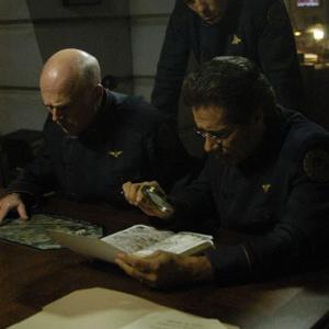 Still of Edward James Olmos Jamie Bamber and Michael Hogan in Battlestar Galactica 2004