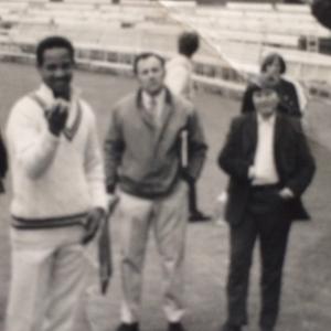 Dickie and Terry Bamber with Sir Gary Sobers at Lords during the filming of a Children's film foundation film