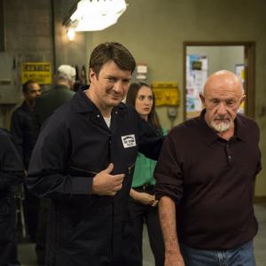 Still of Jonathan Banks Nathan Fillion and Alison Brie in Community 2009