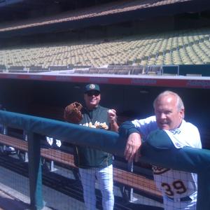 Dave Bean (left) and Mike Keppel prep for a scene at Dodger Stadium in the 2011 film 