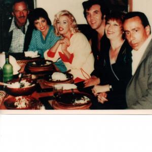 Lindy in German cigarette TV commercial with lookalikes as L-R: David Niven, Liza Minelli, Marilyn Monroe, Elvis, Shirley Maclean & Humphrey Bogart.