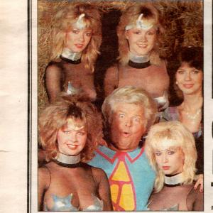 Benny Hill show. Front row, Corinne Russell with Benny Hill & Lindy Benson, as Wonderwoman.