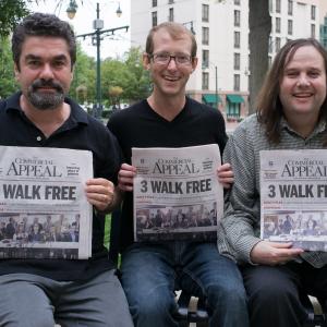 Filmmakers Joe Berlinger (left) and Bruce Sinofsky (right) with Jason Baldwin (one of the West Memphis 3) in Memphis on the morning after Jason's release from prison, ending his wrongful conviction nightmare.