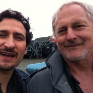 Raoul Bhaneja with Victor Garber on set of Republic of Doyle.