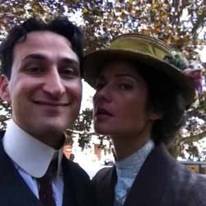 On set photo of Raoul Bhaneja as Henry Mullins opposite Jill Henessey in Sunshine Sketches