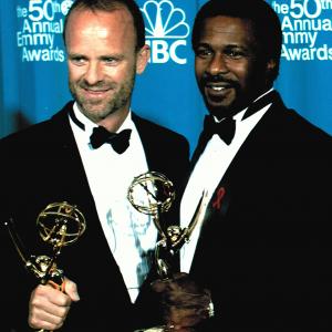 David Blocker and Thomas Carter with Emmys for Best motion picture for television Don King Only in America