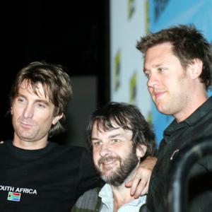 (L-R) Lead actor Sharlto Copley, producer Peter Jackson, director Neill Blomkamp after the panel for District 9